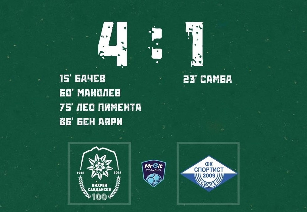 Вихрен се върна на победния път! Разби Спортист (Своге)